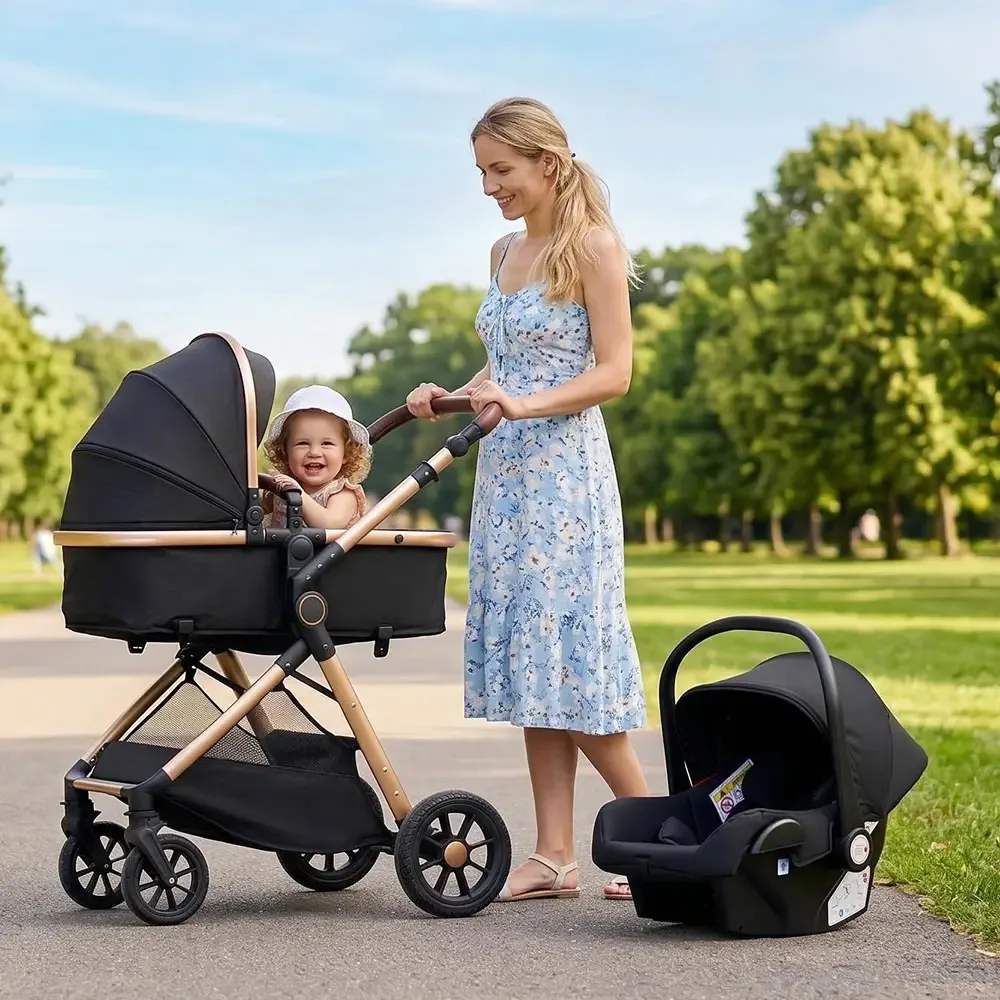 Poussette bébé 3 en 1 pliable en lin