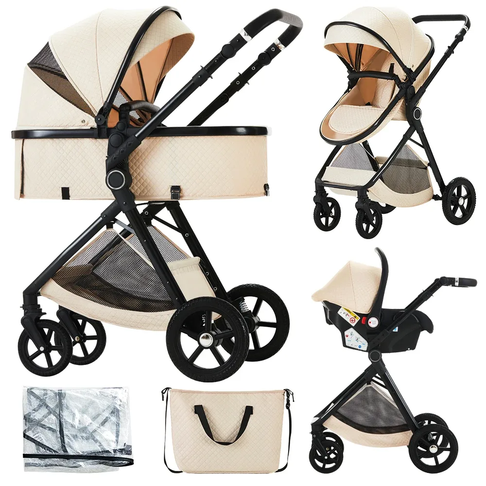 Poussette bébé 3 en 1 pliante en lin